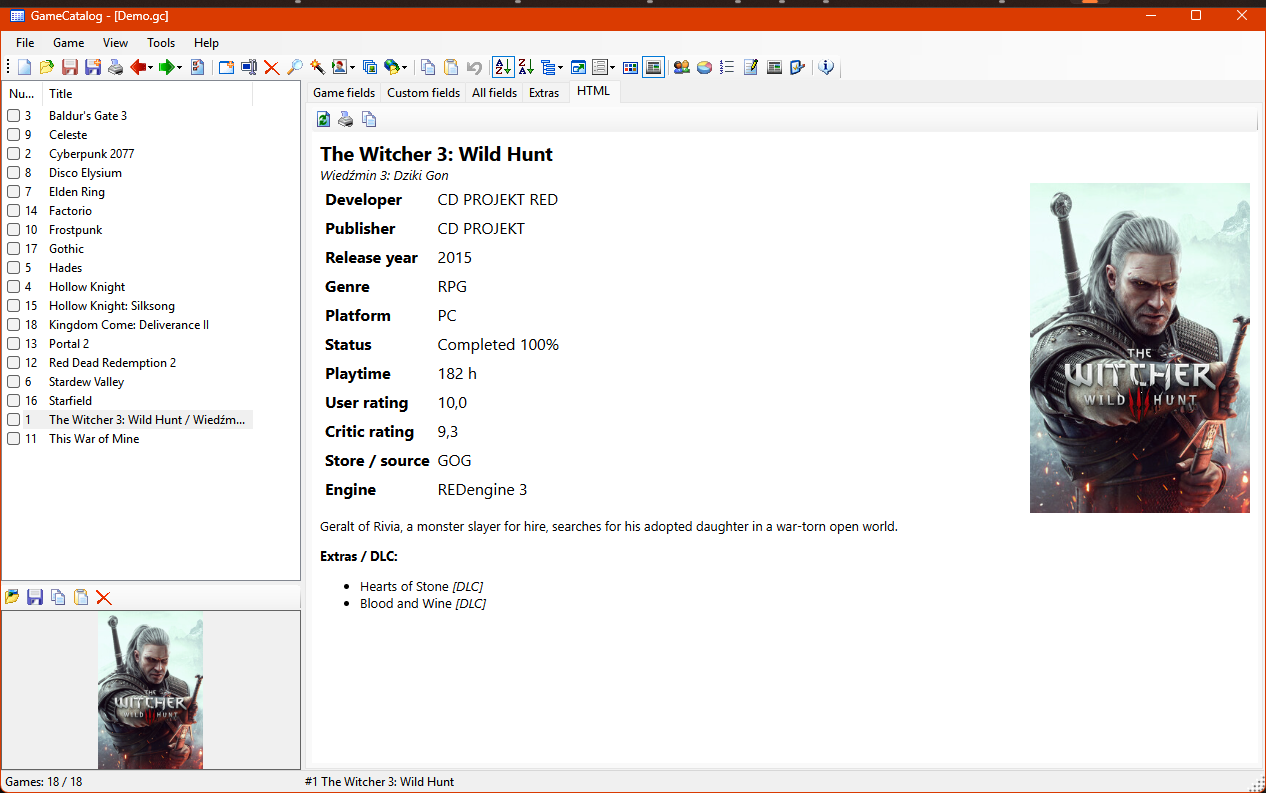 The HTML game card for The Witcher 3 with its cover, details and the list of DLC.