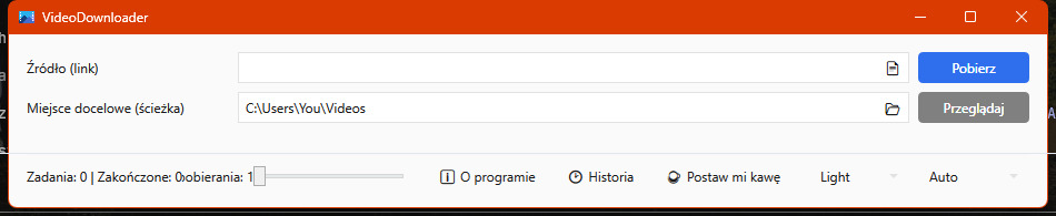 VideoDownloader main window in light theme, showing the link field, destination field, and status bar.